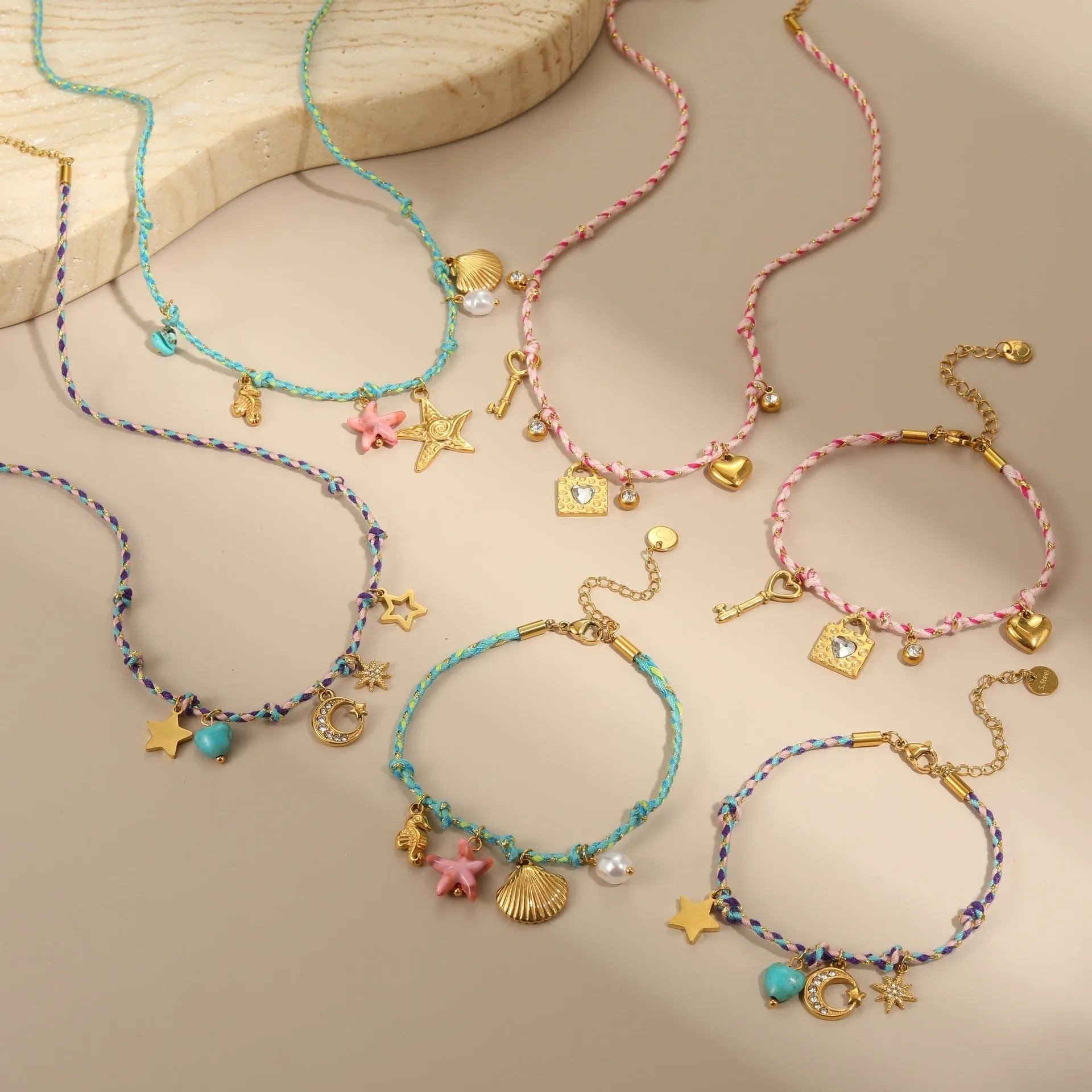 Titanium steel necklace with handmade colour braided rope and electroplated heart-shaped pendant