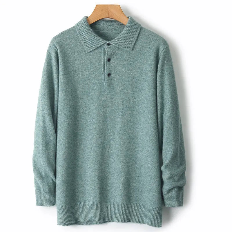 Men's wool pullover sweater with a polo collar in noble blue colour.