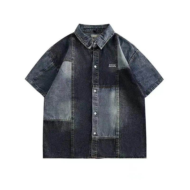 Blue men's denim shirt with Japanese-style retro washed stitching in loose cardigan fit