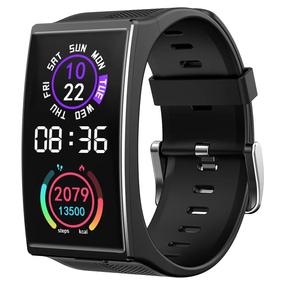 Black or silver Bluetooth waterproof sports watch with blood pressure monitoring on a silicone wrist strap.