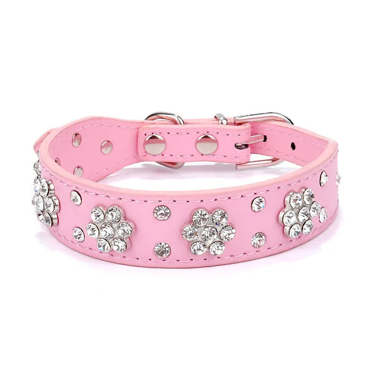 Black PU leather dog collar with rhinestone flower pattern and metal studs for small dogs