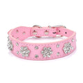 Black PU leather dog collar with rhinestone flower pattern and metal studs for small dogs