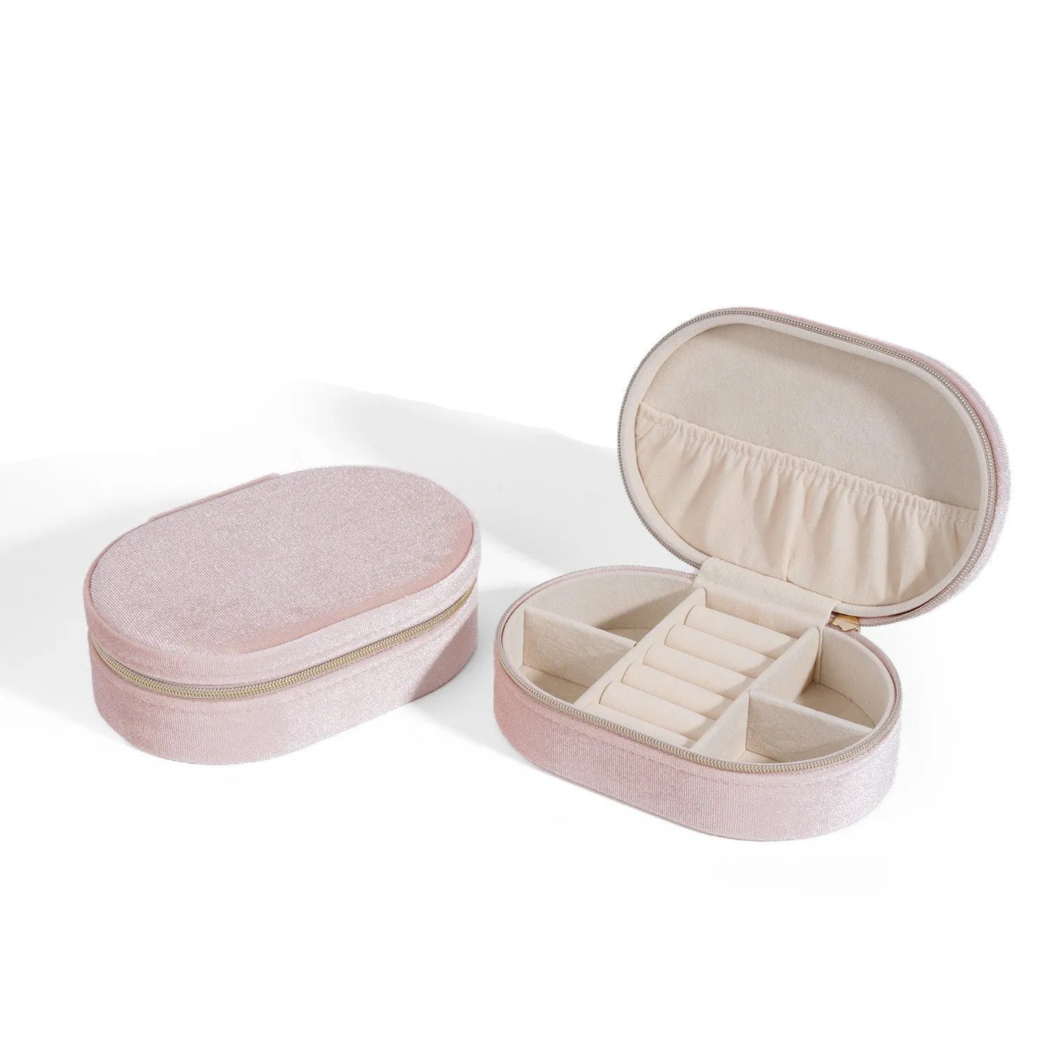 Oval velvet jewellery storage box in multiple colours with flannel lining for rings and earrings