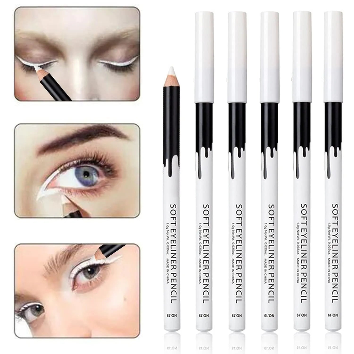 12 white and black retractable eyeliner pencils with sharpener for multi-use cosmetic application