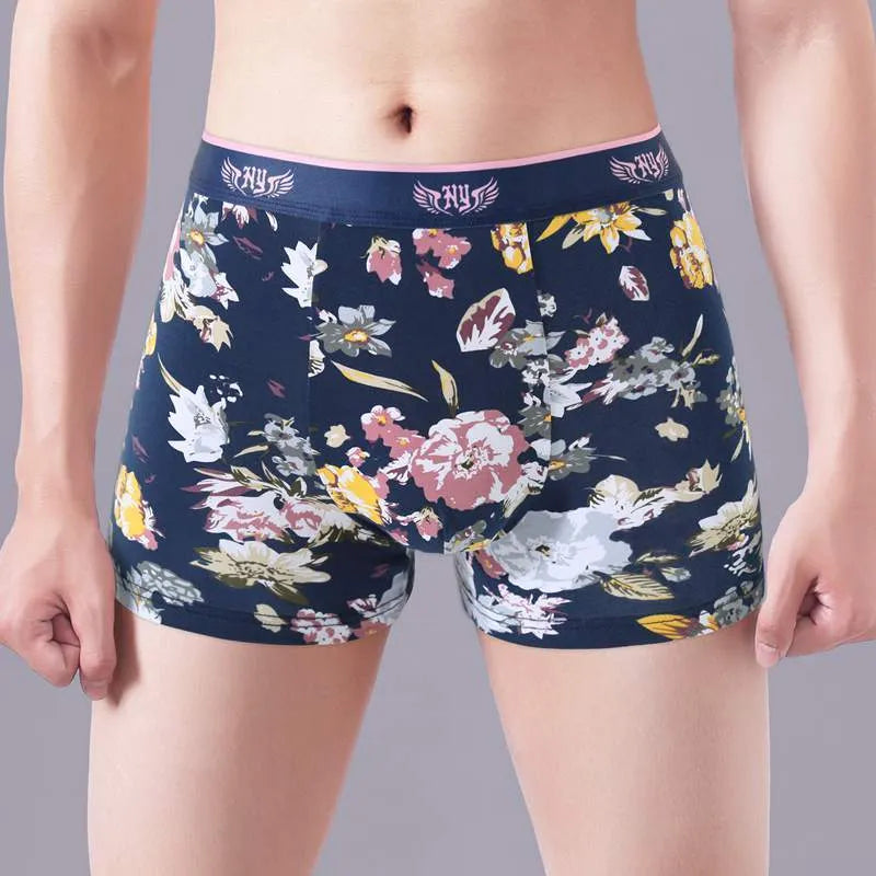 Men's cotton boxer underwear with U-shaped design in floral pattern colours