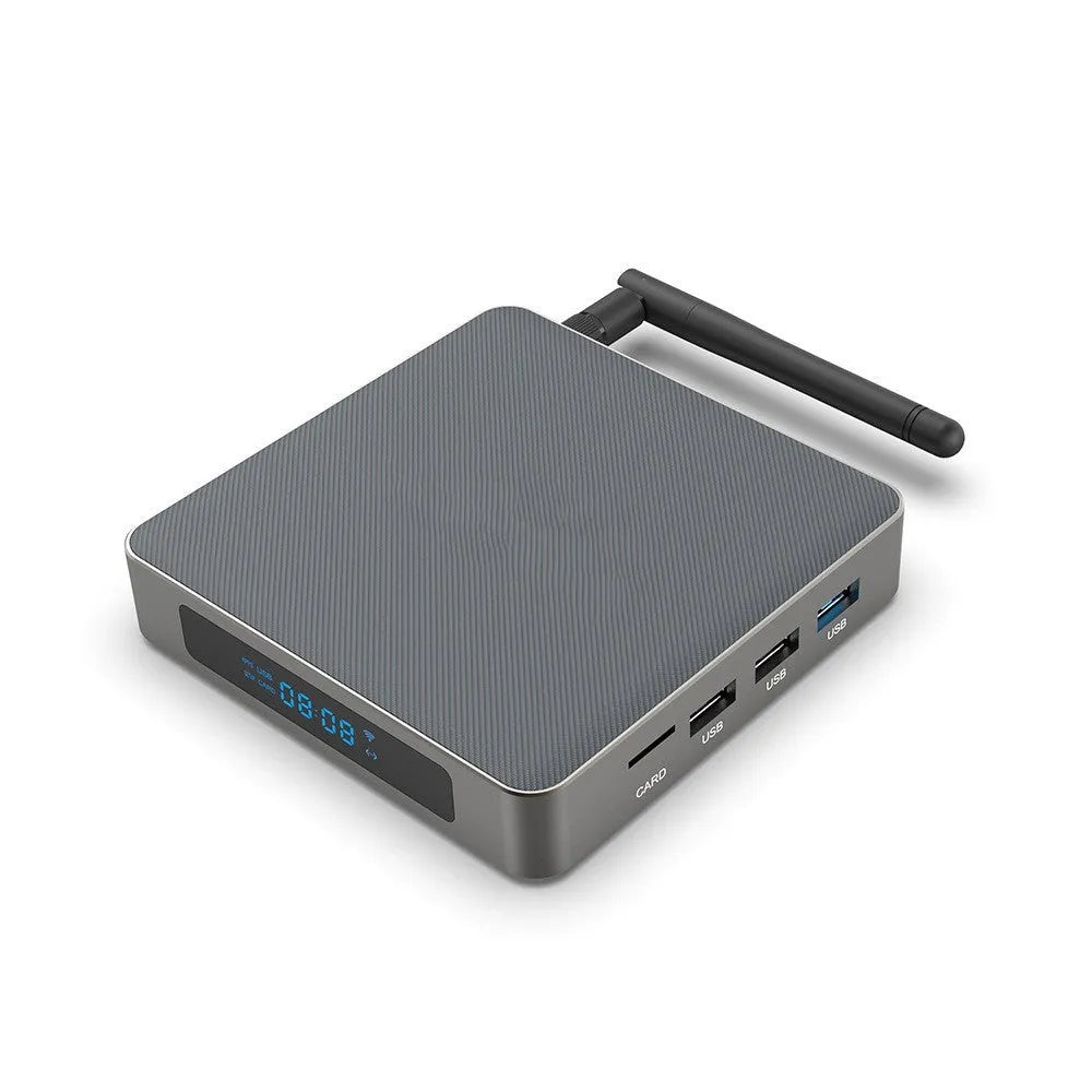 Android TV set-top box with remote control, HDMI cable, and power supply on a white background