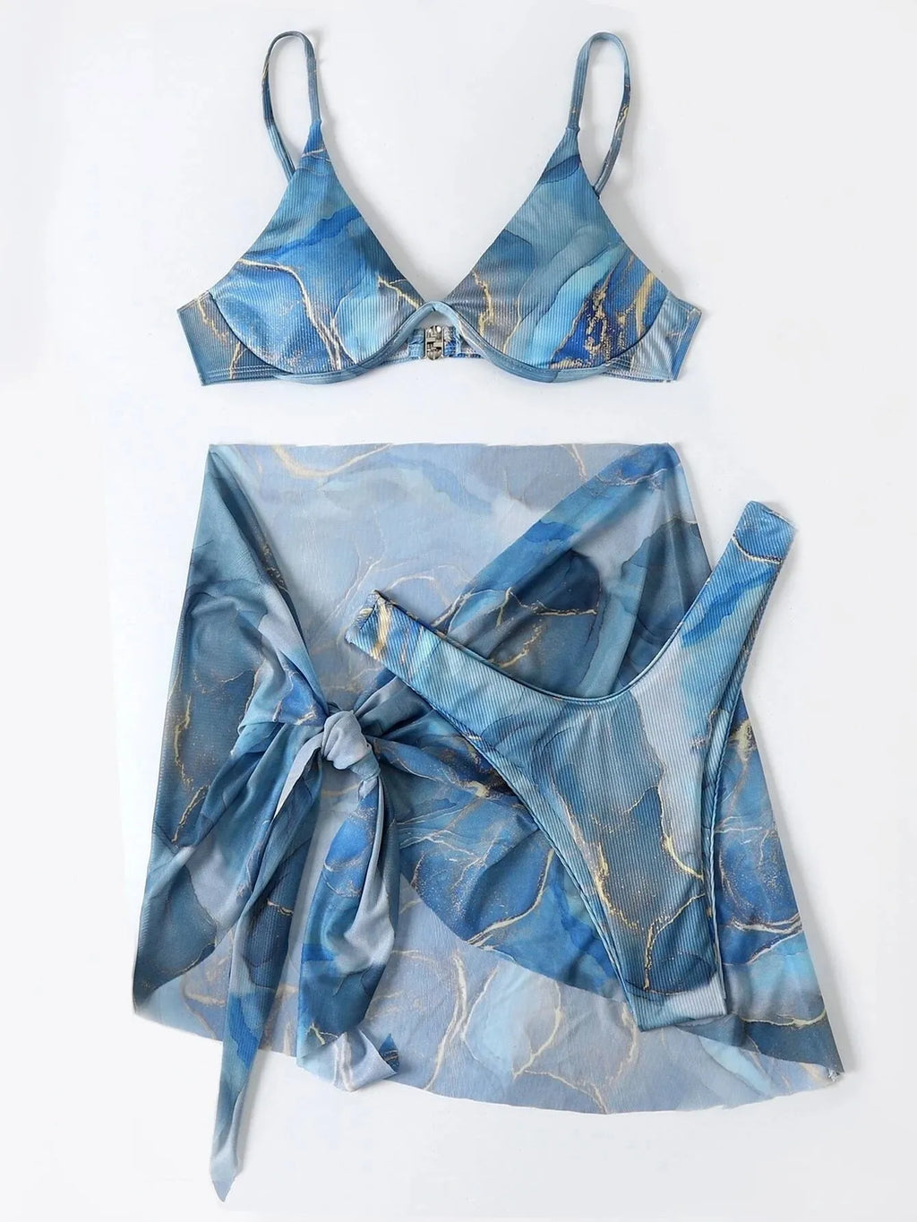 Marble print lingerie bikini swimwear set with bra, panties, and skirt in blue colour
