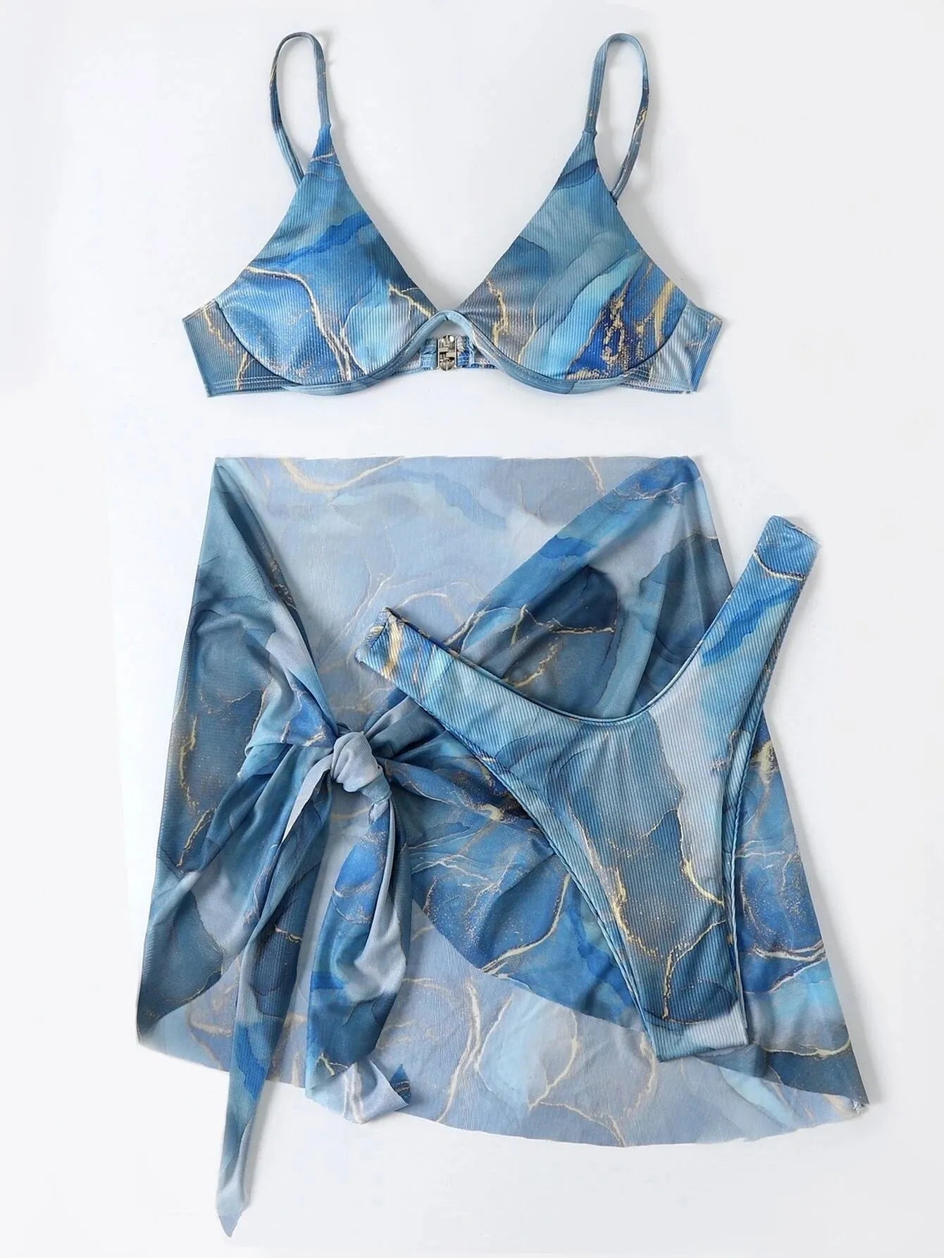 Marble print lingerie bikini swimwear set with bra, panties, and skirt in blue colour