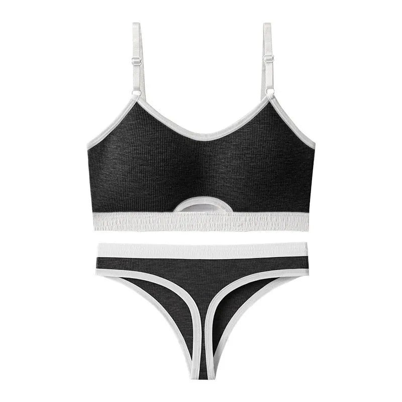 Women's contrast colour sports bra and briefs set with underwired tube top and thin moulded cups.