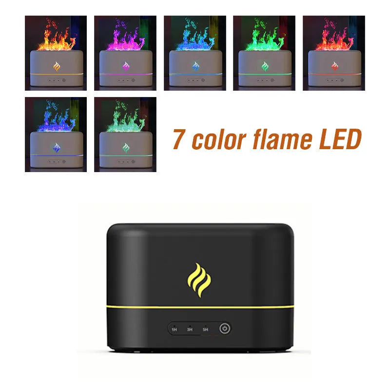 Seven-colour flame simulation aroma diffuser humidifier with USB cable on desktop