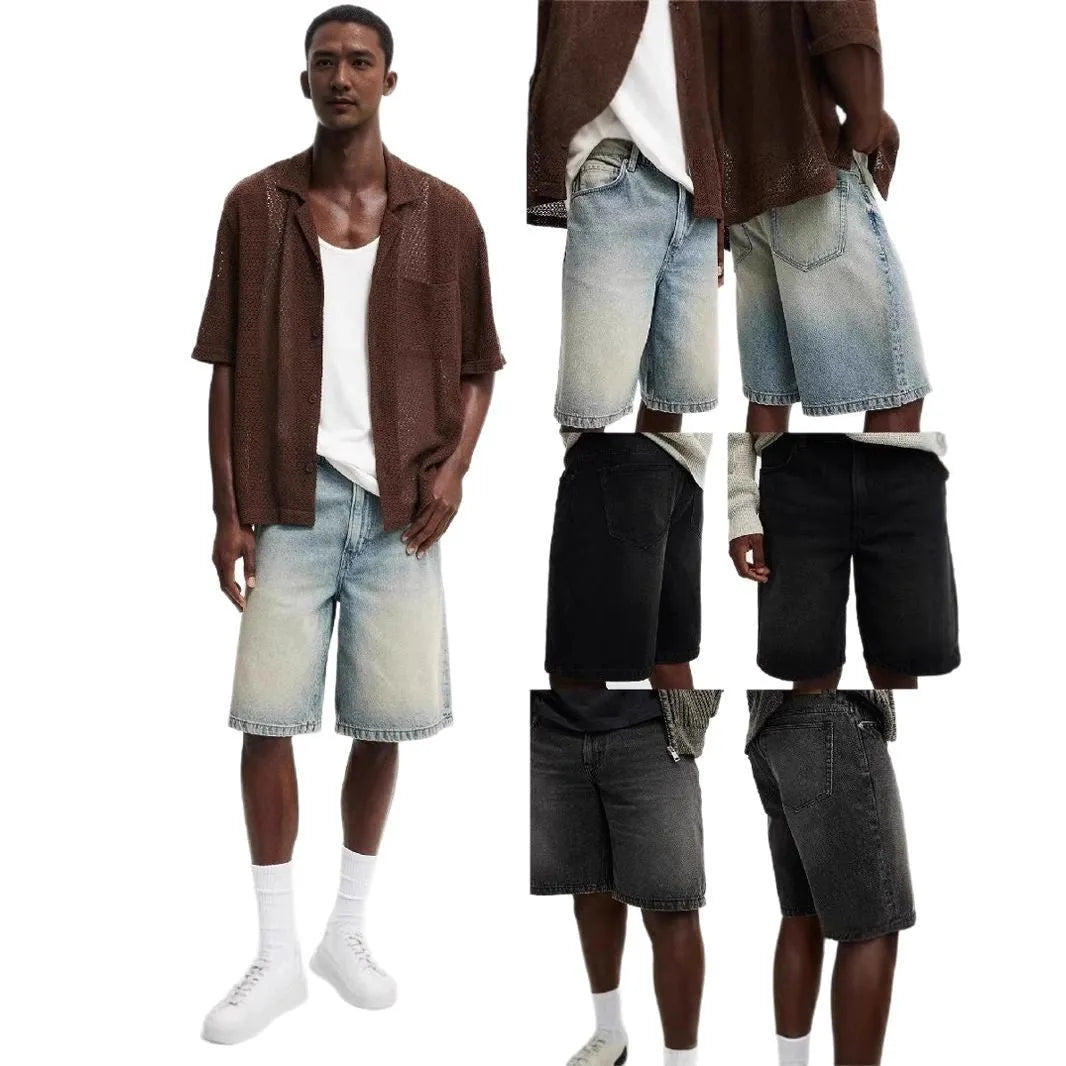 Men's loose straight-leg light blue cotton jeans on a white background.