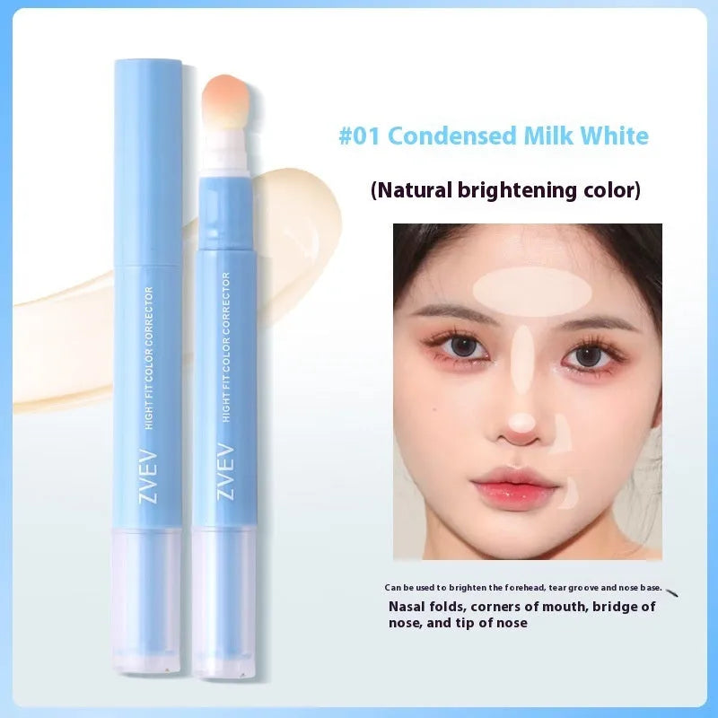 Concealer pen cream with sponge brush head in three shade options for skin and clothing.