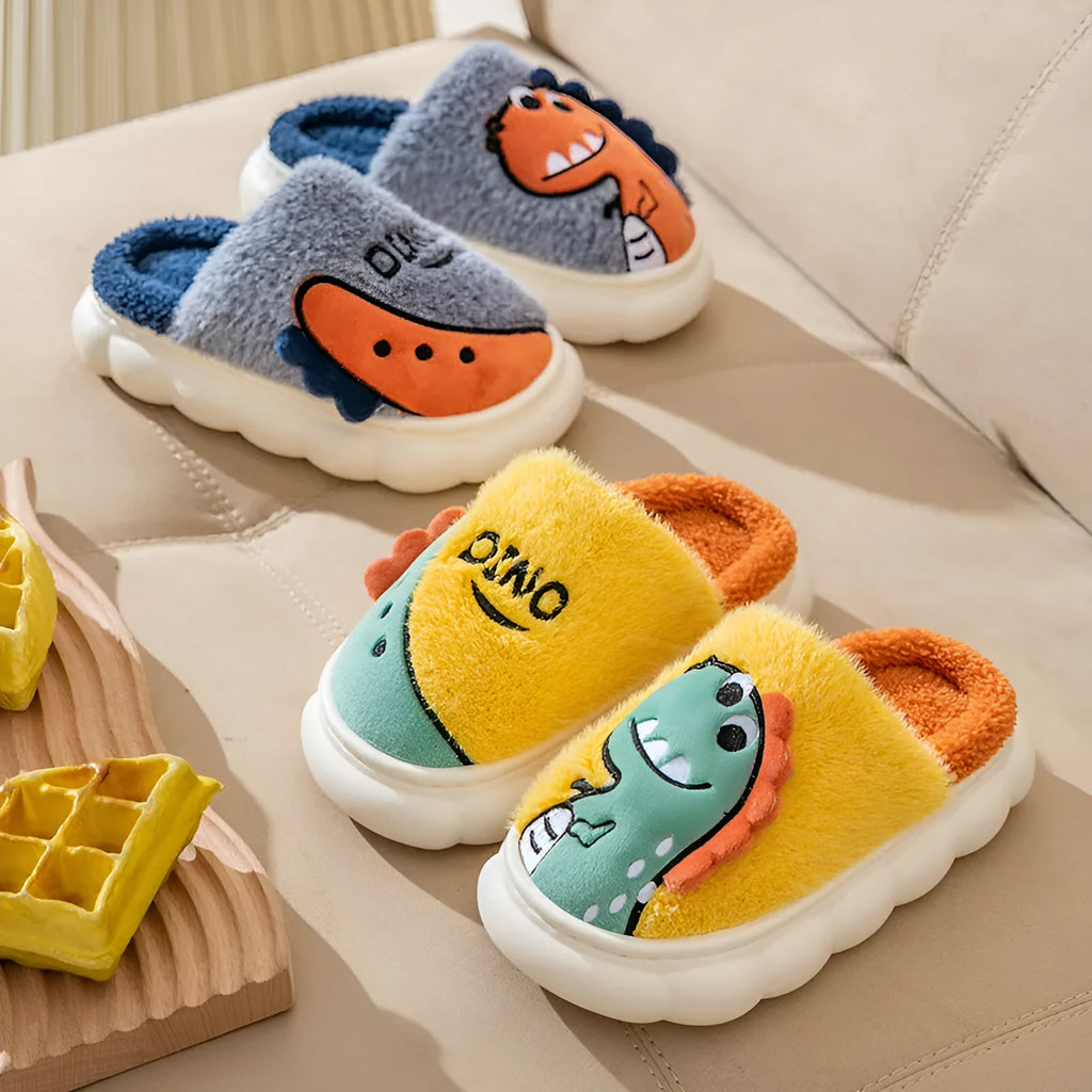 Cotton plush couple slippers with dinosaur designs in coffee, grey and orange yellow colours