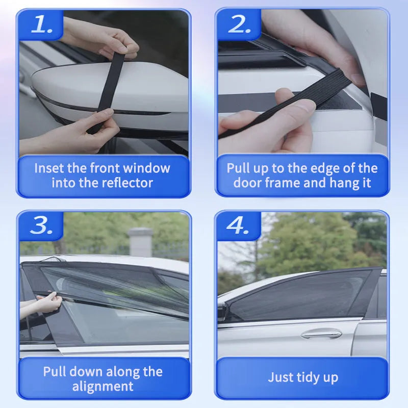 Set of four grey mesh car side window sunshades with elastic edges for front and rear windows.