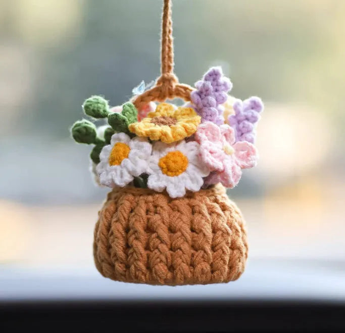 Green and white knitted car plant decoration with hanging rope on 8cm plastic base
