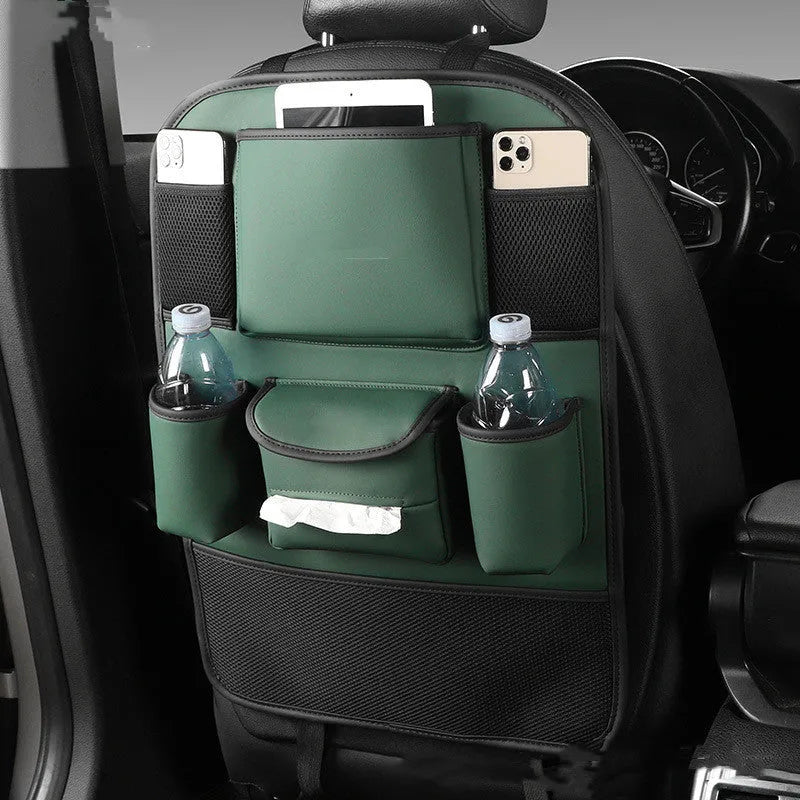 Genuine leather car seat back storage bag in four colour options hanging behind car seat