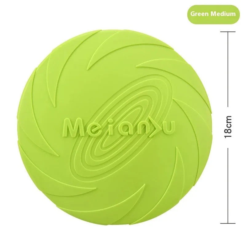 Soft rubber dog frisbee flying disc toy in red, shown in small, medium, and large sizes for outdoor fetch.