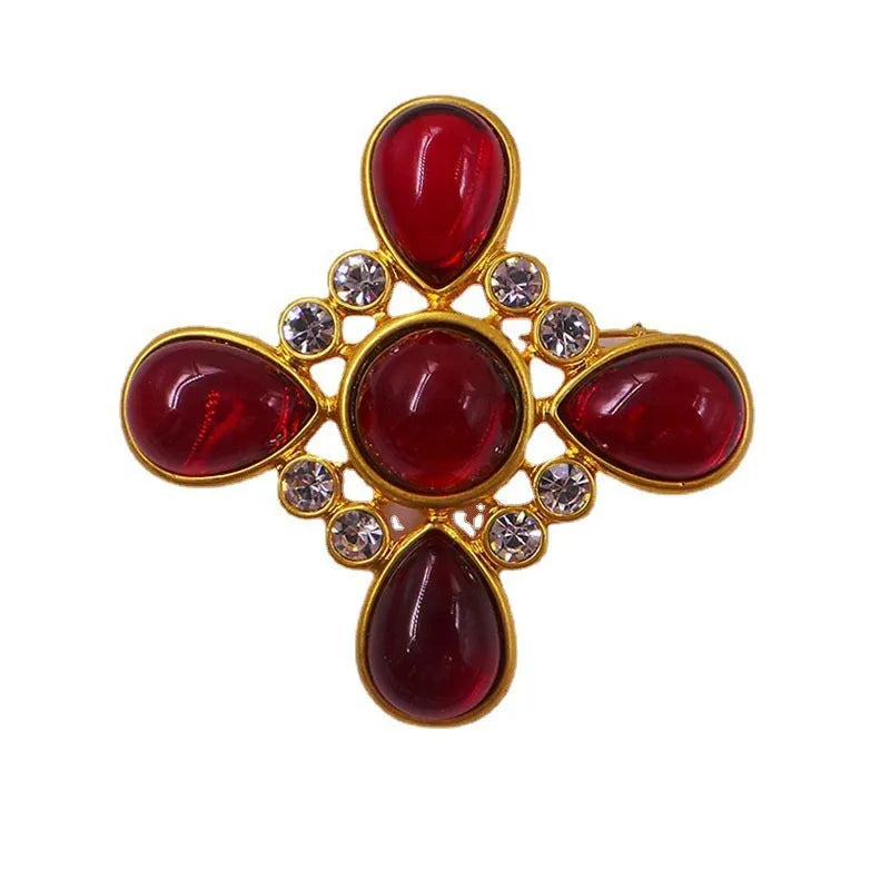 Medieval baroque cross crystal brooch in zinc alloy with antique styling