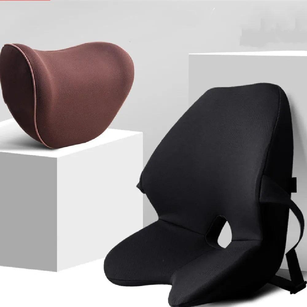 Memory foam car seat cushion set showing waist pad and headrest in neutral colours