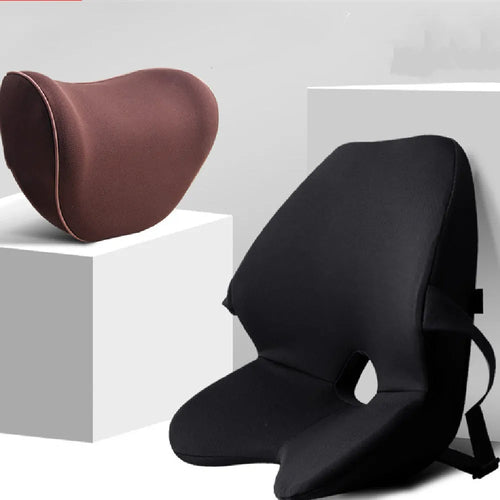 Memory foam car seat cushion set showing waist pad and headrest in neutral colours