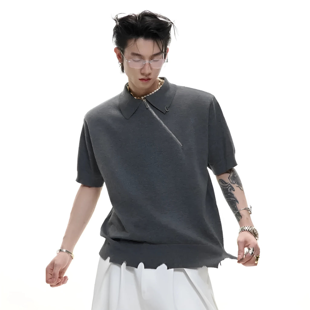 Men's slim-fit knitted polo shirt with oblique zipper and lapel collar in black, white or grey colours
