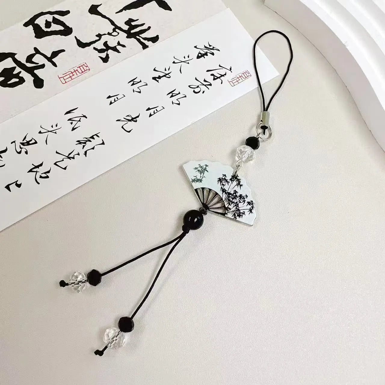 Guofeng Chinese style pendant keychain with floral bead design in Fan colour theme.