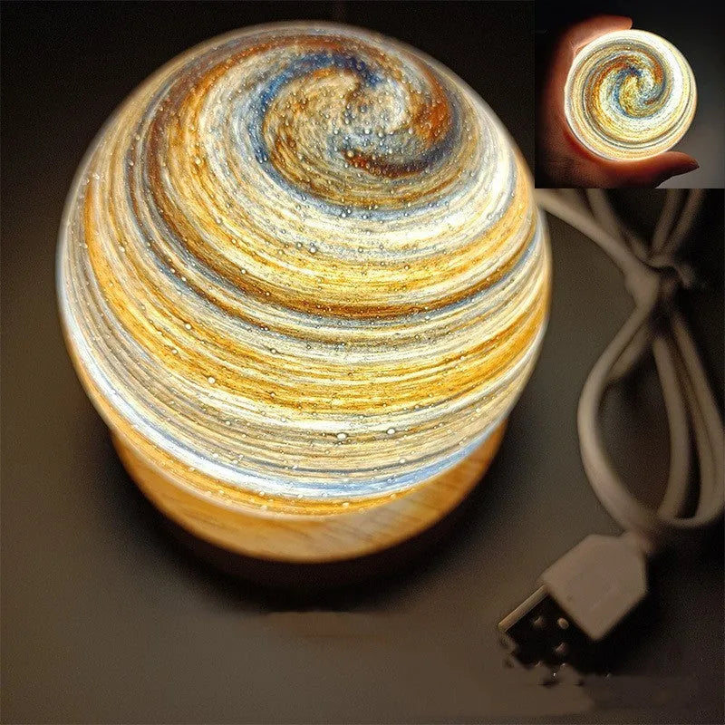 Planet-themed night light with USB cable and base, showing 80mm diameter globe