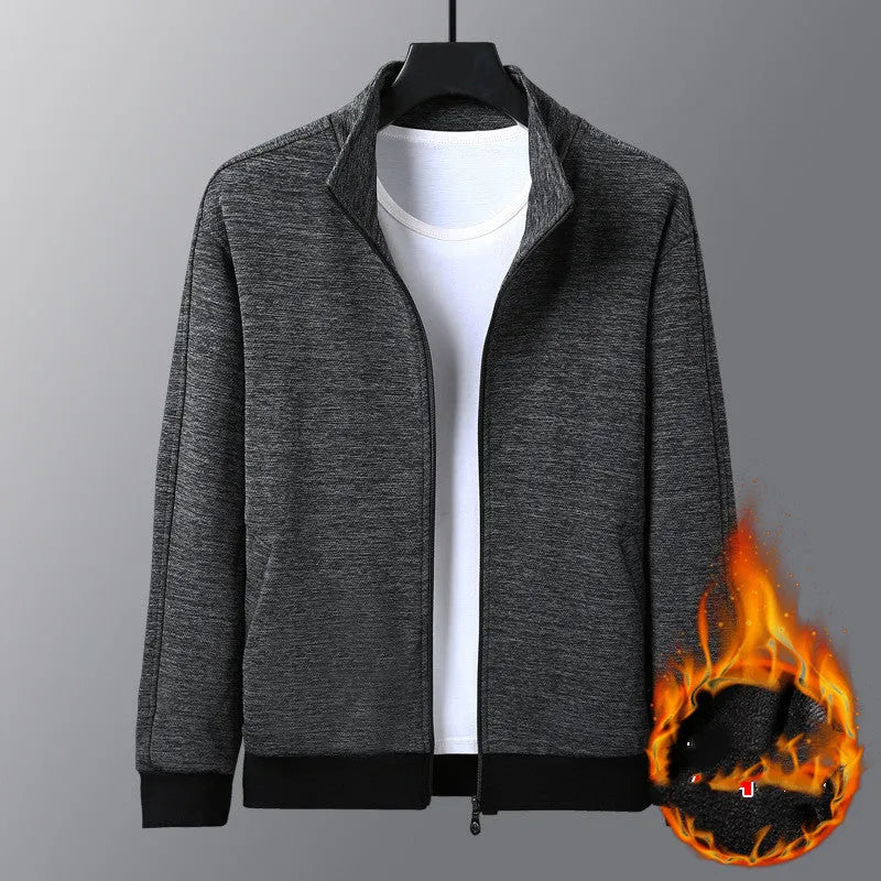 Men's black blended casual jacket with a stand-up collar and zipper front.