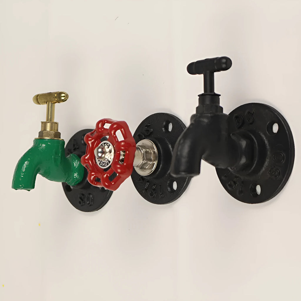 Metal wall hook in water pipe style with polished finish, shown in black, green, and red colour options.