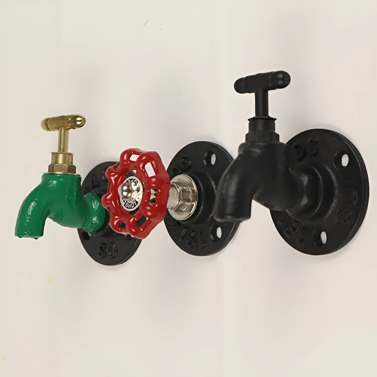 Metal wall hook in water pipe style with polished finish, shown in black, green, and red colour options.