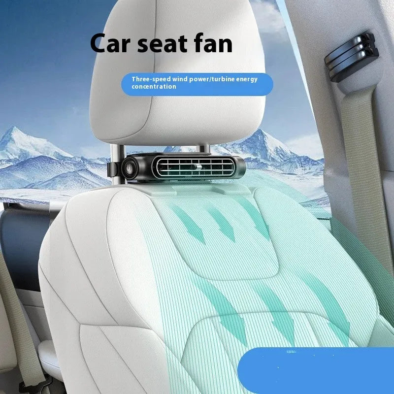 Creative USB plug-in car seat fan with brushless motor mounted on headrest with Velcro strip.