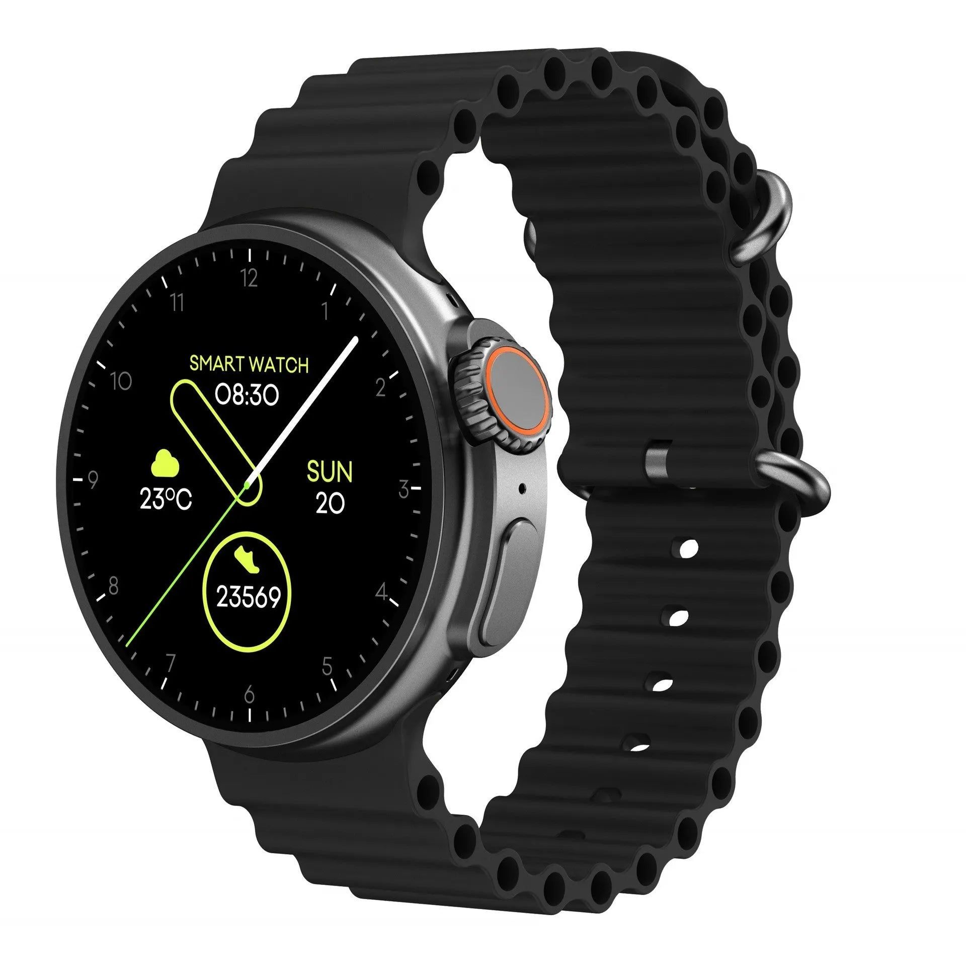K9 smart watch with black silicone strap and round screen showing health metrics interface