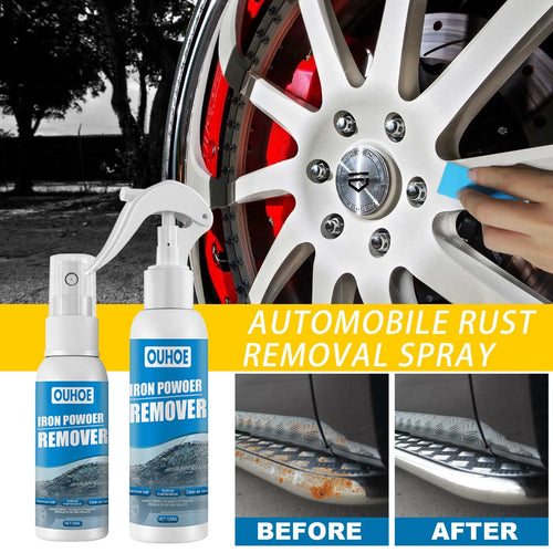 Automotive iron powder rust remover spray bottle with sponge applicator for car bodywork.