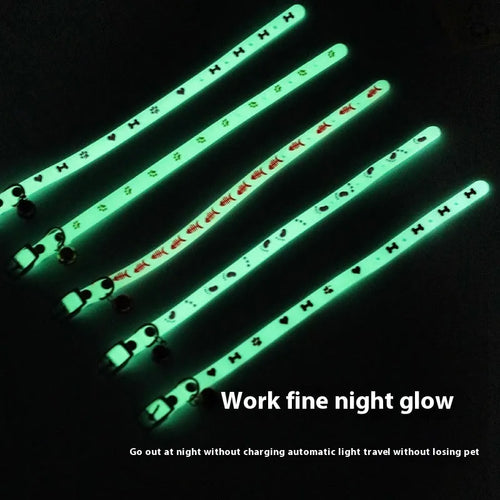Luminous adjustable cat collar with bell in silicone and metal, showing paw print design for night visibility.