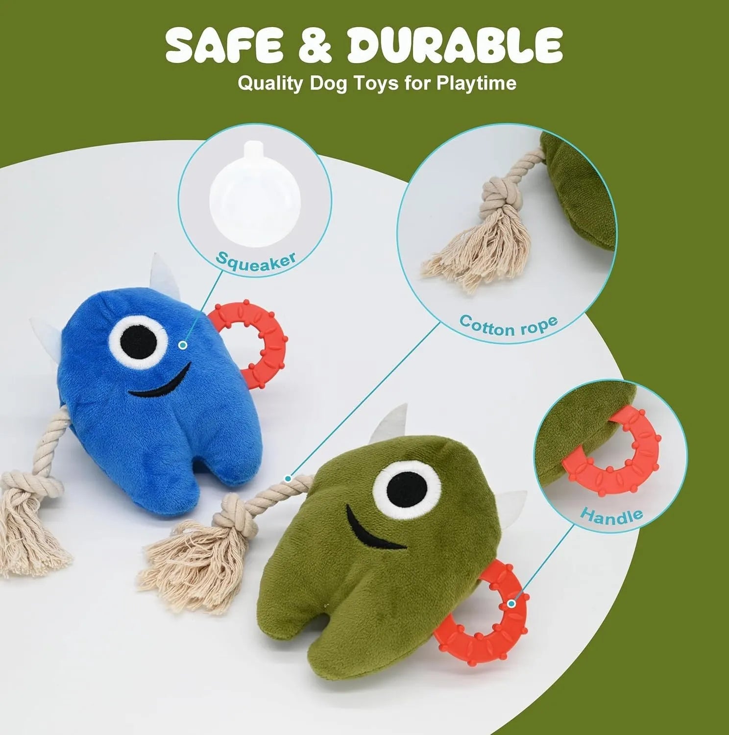 Blue and green plush dog toys with integrated cotton rope and squeaker for chewing and tugging play