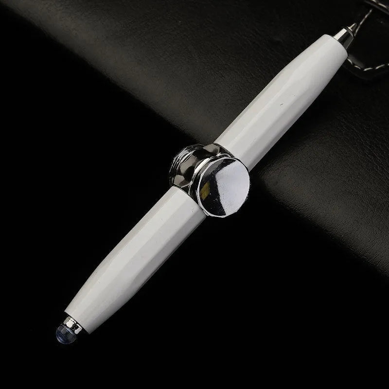 Metal ballpoint pen with integrated fingertip spinner and LED lights, shown in hand