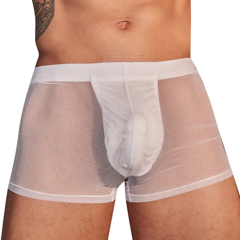 A pair of black ultra-thin men's nylon boxer briefs laid flat, showing their simple design.