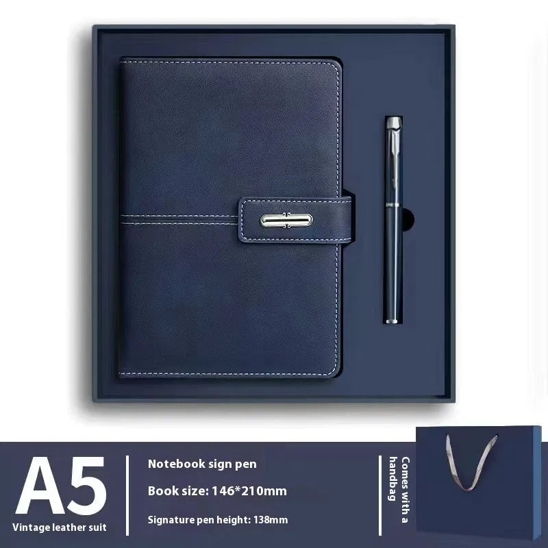 A5 notebook with imitation leather cover in multiple colour options including black, red, green, blue, and orange.