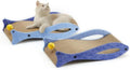 Blue fish-shaped cat scratcher with bell balls on elastic cord, corrugated cardboard construction