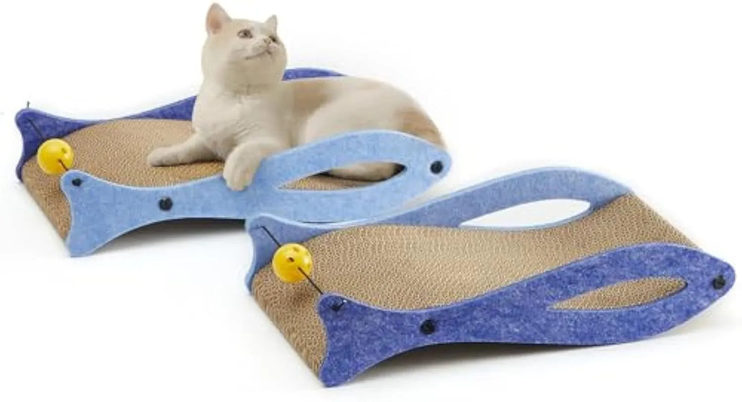Blue fish-shaped cat scratcher with bell balls on elastic cord, corrugated cardboard construction