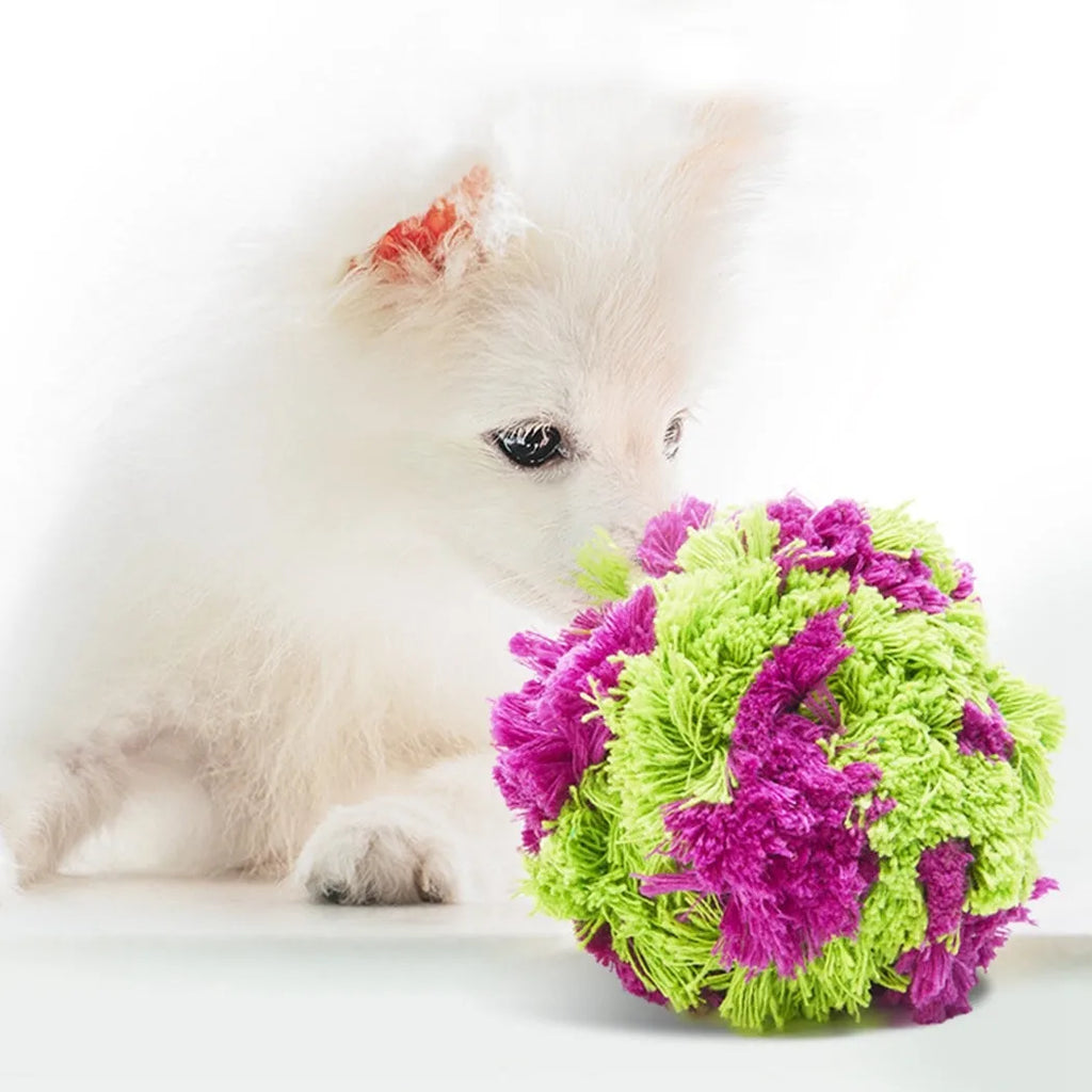 Purple plush dog ball toy with seaweed rope knots, 15cm diameter teething and interactive play toy