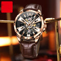Men's automatic mechanical watch with hollow dial design on genuine leather strap