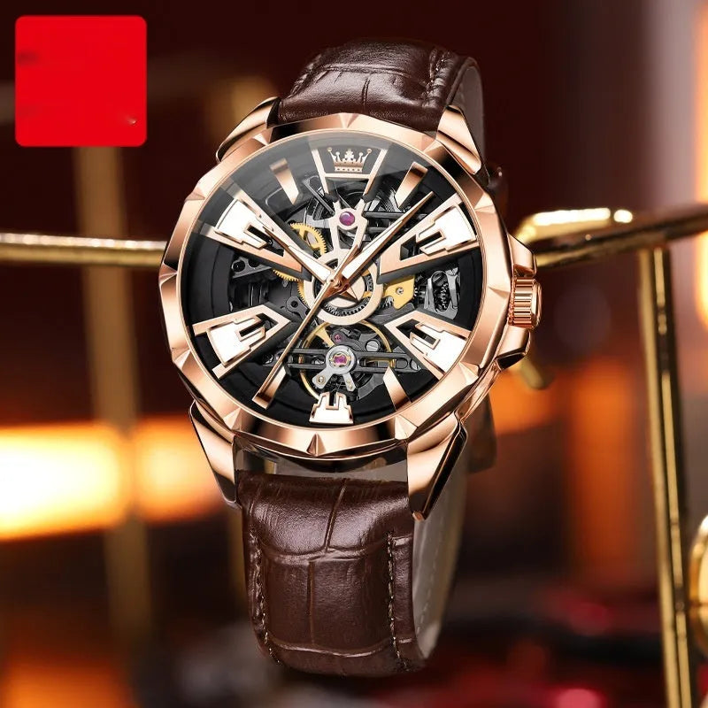 Men's automatic mechanical watch with hollow dial design on genuine leather strap