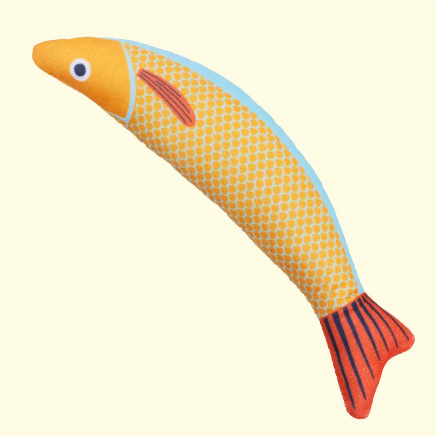 Green fish-shaped cat toy with organic catnip filling for indoor exercise