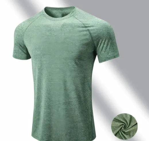 Men's polyester quick-dry stretch t-shirt in black, grey, green or pink colour options