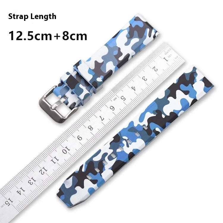Blue camouflage silicone watch strap with flat head lugs for universal fit.