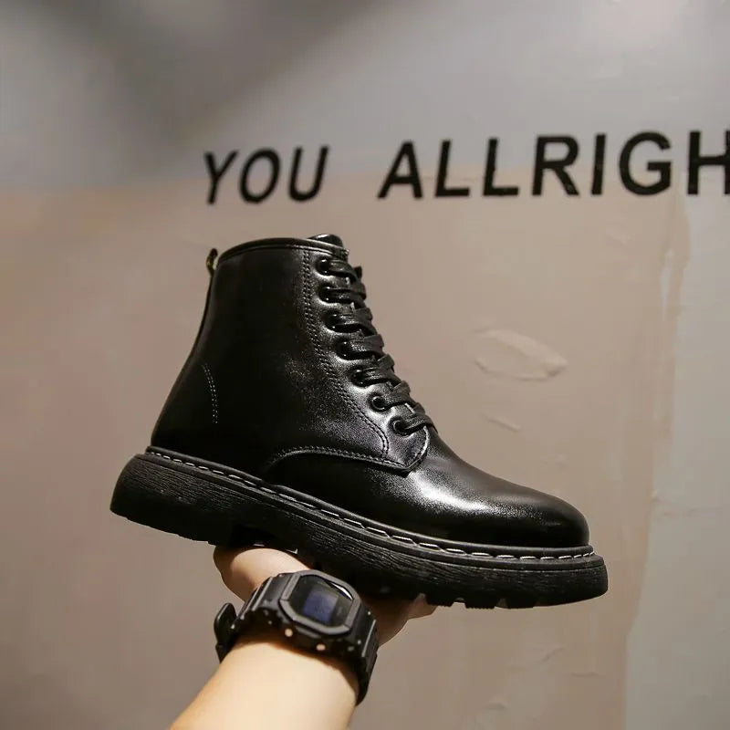 Black men's platform Dr Martens style boots with side zip and lace-up front, frosted leather exterior