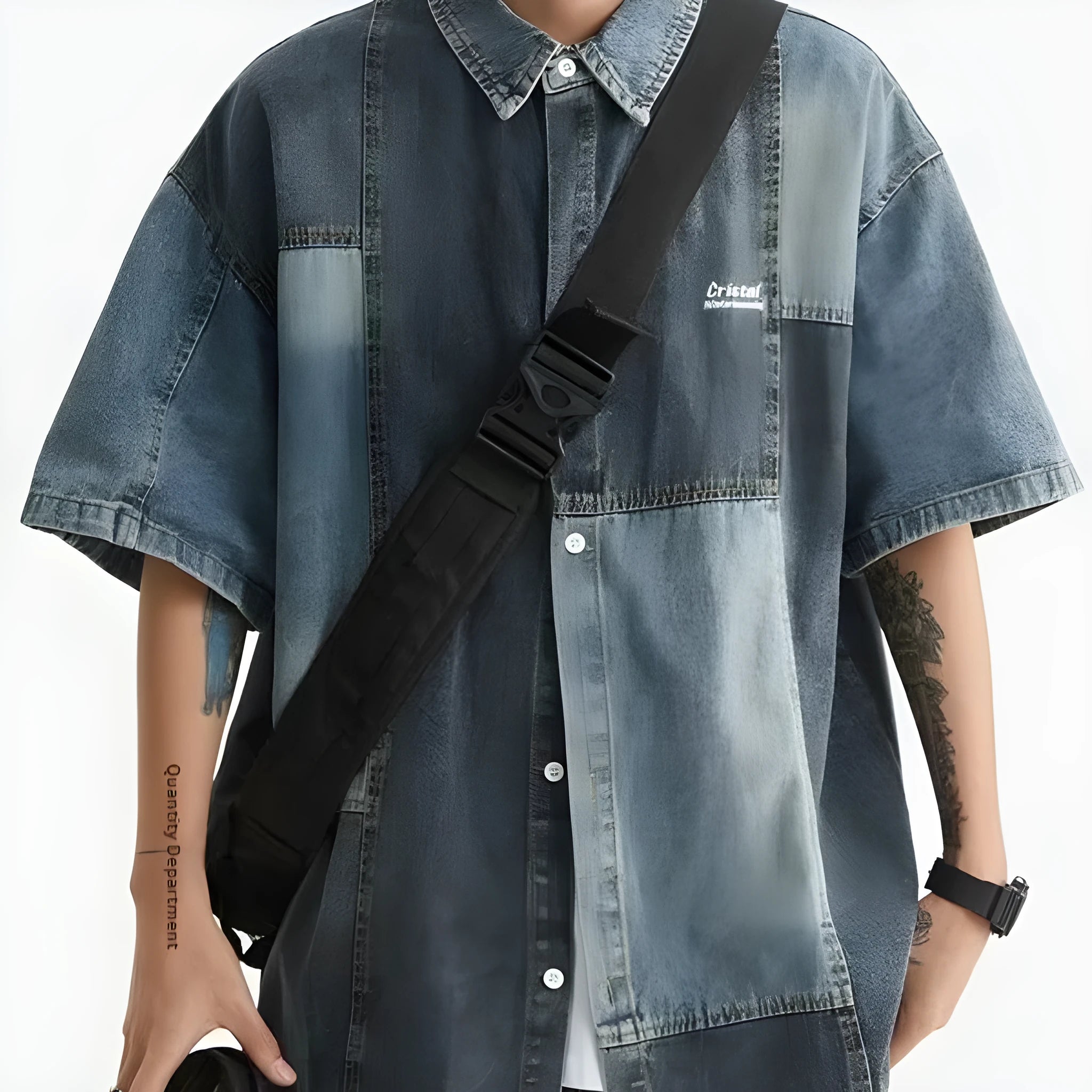 Blue men's denim shirt with Japanese-style retro washed stitching in loose cardigan fit