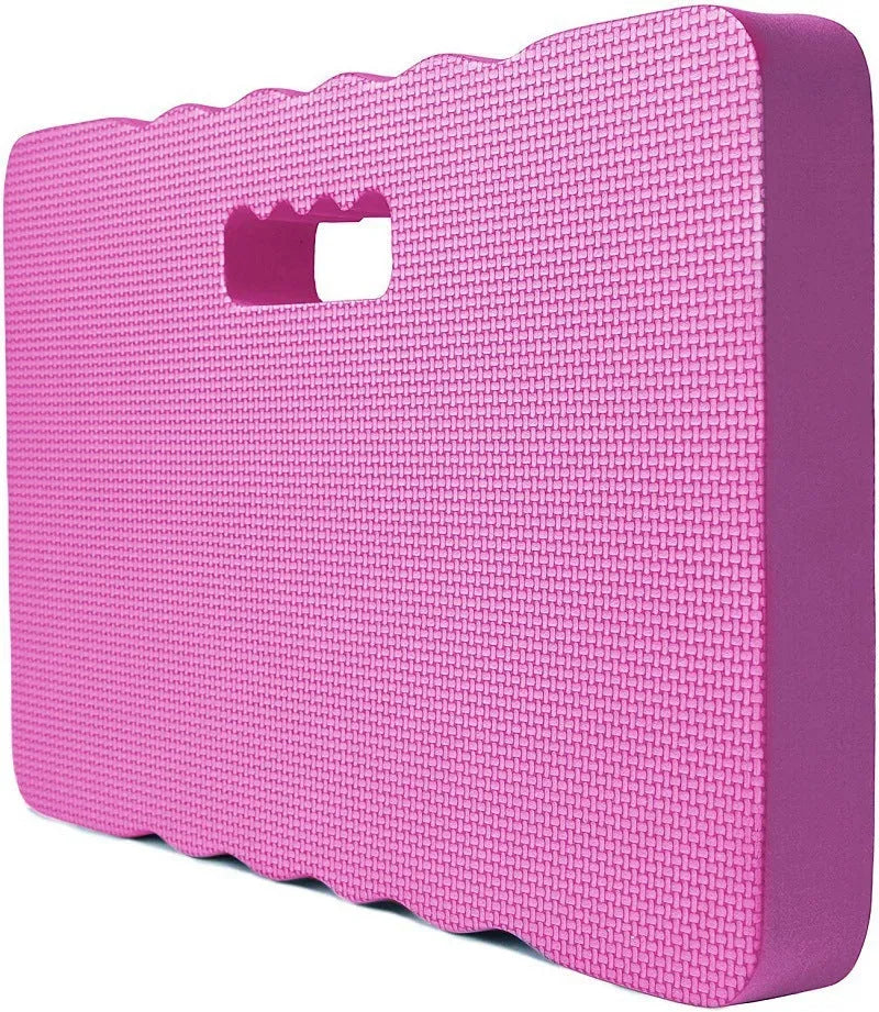 Blue plastic EVA foam garden kneeler pad on grass, showing size and thickness.