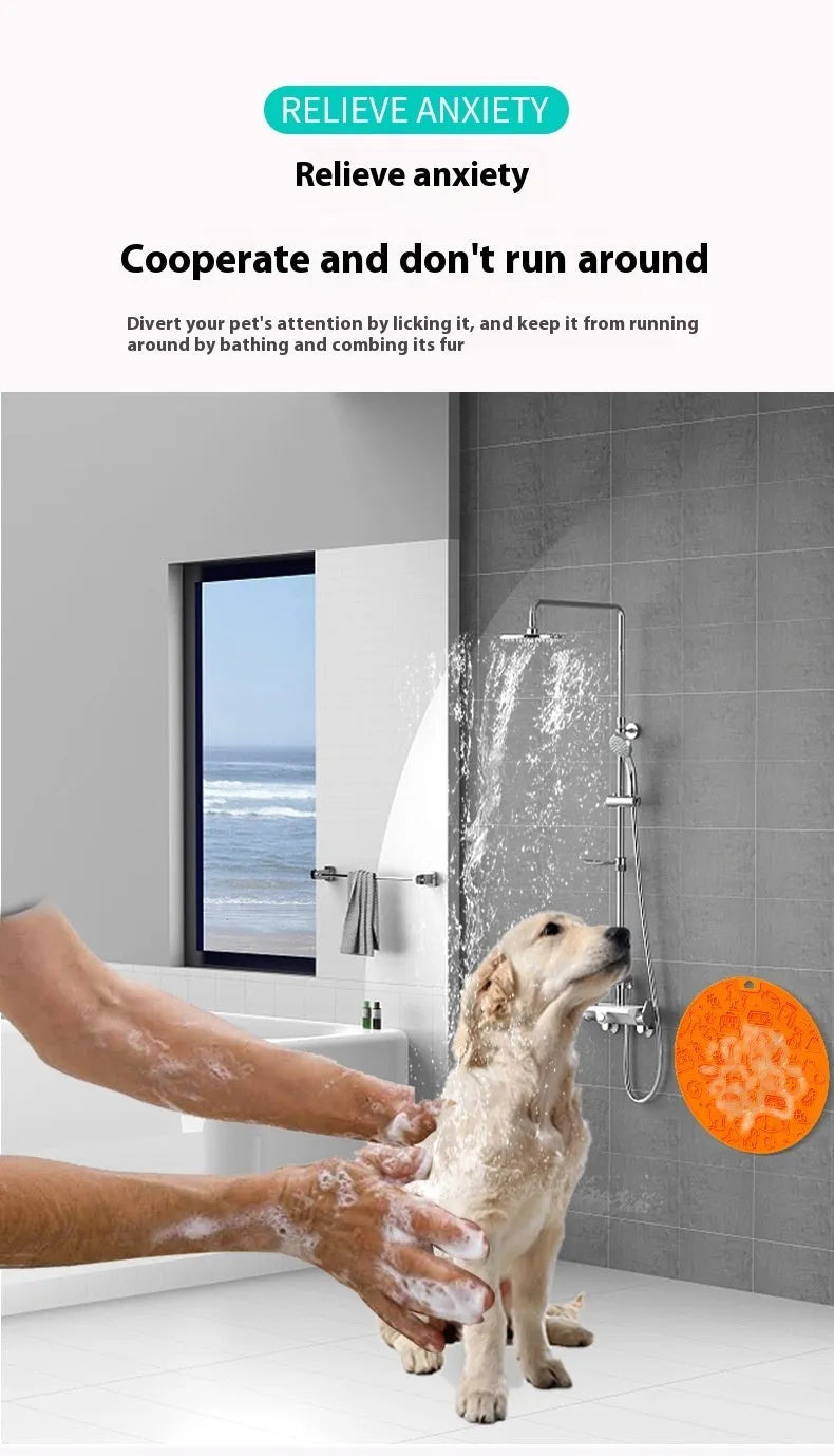 Round blue silicone pet lick mat with suction cup base on a kitchen counter